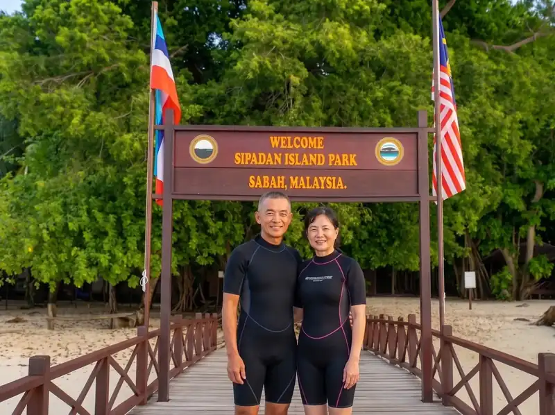 Chinese couple enjoying a scuba diving trip to Sipadan Pearl Island Resort